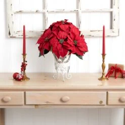 21in. H Red Poinsettia With Metal Planter Silk Flower Arrangement -Holiday Glow Store nearly natural artificial christmas plants 1267 31 1000