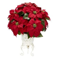 21in. H Red Poinsettia With Metal Planter Silk Flower Arrangement