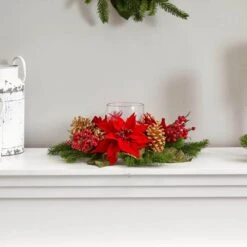 Poinsettia, Berry And Golden Pine Cone Candelabrum Artificial Arrangement -Holiday Glow Store nearly natural artificial christmas plants 4270 4f 1000