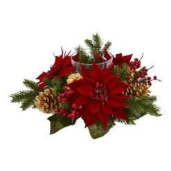 Poinsettia, Berry And Golden Pine Cone Candelabrum Artificial Arrangement