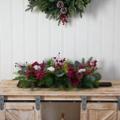 24 In. Unlit Holiday Berries, Pinecones And Eucalyptus Christmas Artificial Arrangement Cutting Board Table Arrangement -Holiday Glow Store nearly natural artificial christmas plants a1845 1f 1000