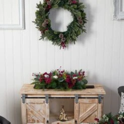 24 In. Unlit Holiday Berries, Pinecones And Eucalyptus Christmas Artificial Arrangement Cutting Board Table Arrangement -Holiday Glow Store nearly natural artificial christmas plants a1845 31 1000