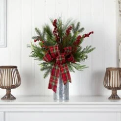 28 In. Unlit Holiday Winter Greenery, Berries And Plaid Bow Artificial Christmas Arrangement Home Decor -Holiday Glow Store nearly natural artificial christmas plants a1847 31 1000
