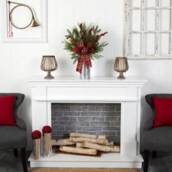 28 In. Unlit Holiday Winter Greenery, Berries And Plaid Bow Artificial Christmas Arrangement Home Decor -Holiday Glow Store nearly natural artificial christmas plants a1847 4f 1000