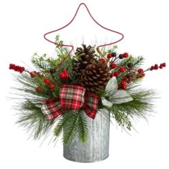 17 In. Unlit Pinecone And Berries Artificial Christmas Arrangement With Decorative Metal Vase And Wire Christmas Tree