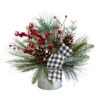 12 In. Unlit Frosted Pinecones And Berries Artificial Arrangement In Vase With Decorative Plaid Bow -Holiday Glow Store nearly natural artificial christmas plants a1851 64 1000
