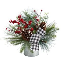 12 In. Unlit Frosted Pinecones And Berries Artificial Arrangement In Vase With Decorative Plaid Bow