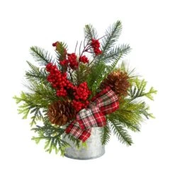 12 In. Unlit Holiday Winter Pinecones, Berries, Greenery And Plaid Bow Artificial Christmas Table Arrangement