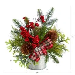 12 In. Unlit Holiday Winter Pinecones, Berries, Greenery And Plaid Bow Artificial Christmas Table Arrangement -Holiday Glow Store nearly natural artificial christmas plants a1852 c3 1000