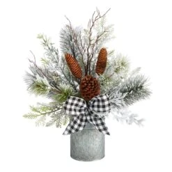 20 In. Unlit Holiday Winter Greenery With Pinecones And Gingham Plaid Bow Table Artificial Christmas Arrangement