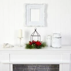 14 In. Unlit Christmas Poinsettia, Berry And Pinecone Metal Candle Holder Christmas Artificial Table Arrangement -Holiday Glow Store nearly natural artificial christmas plants a1855 31 1000