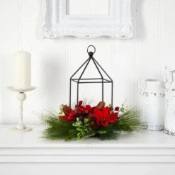 14 In. Unlit Christmas Poinsettia, Berry And Pinecone Metal Candle Holder Christmas Artificial Table Arrangement -Holiday Glow Store nearly natural artificial christmas plants a1855 4f 1000