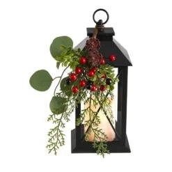 12 In. Unlit Holiday Berries And Greenery Metal Lantern Artificial Table Christmas Arrangement With LED Candle Included