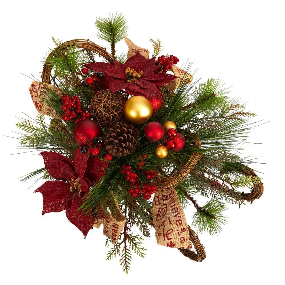 18 In. Unlit Christmas Sleigh With Poinsettia, Berries And Pinecone Artificial Arrangement With Ornaments 6 18 In. Unlit Christmas Sleigh With Poinsettia, Berries And Pinecone Artificial Arrangement With Ornaments - Image 4