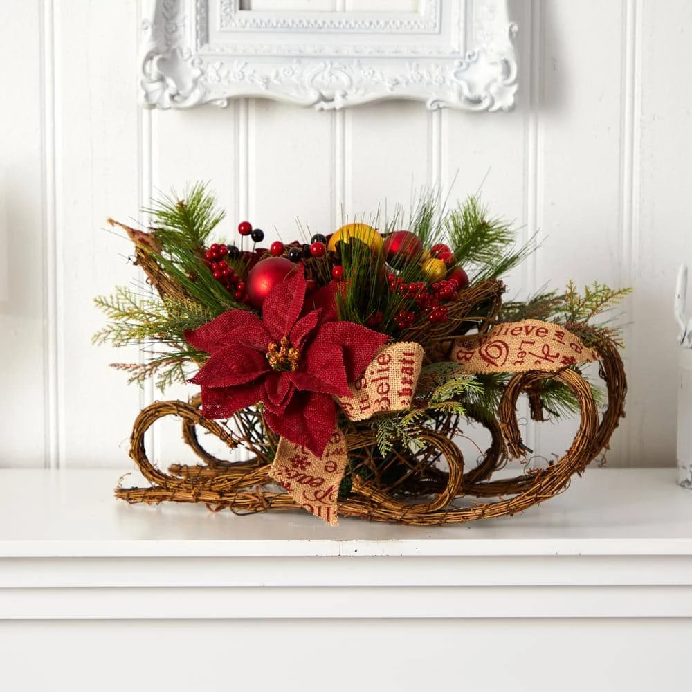 18 In. Unlit Christmas Sleigh With Poinsettia, Berries And Pinecone Artificial Arrangement With Ornaments 7 18 In. Unlit Christmas Sleigh With Poinsettia, Berries And Pinecone Artificial Arrangement With Ornaments - Image 5