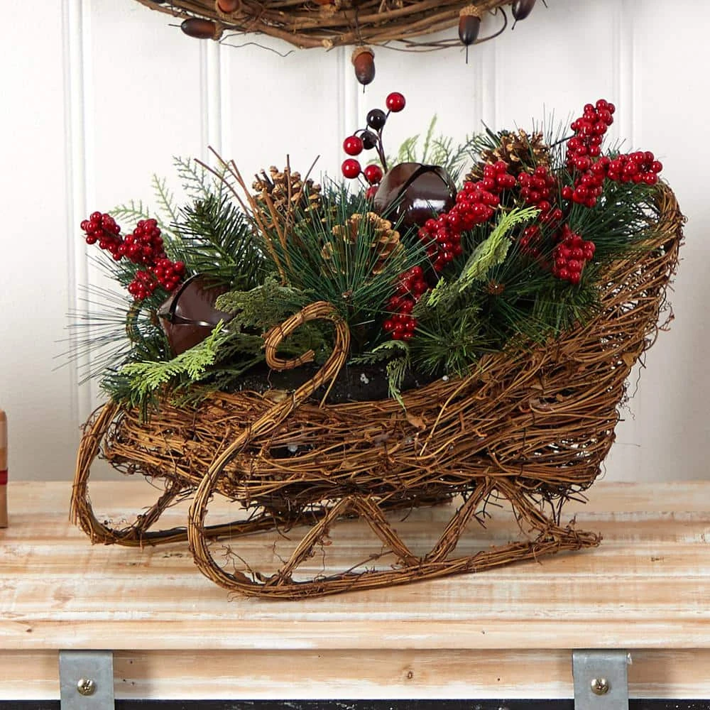 18 In. Unlit Christmas Sleigh With Pine, Pinecones And Berries Artificial Christmas Arrangement 6 18 In. Unlit Christmas Sleigh With Pine, Pinecones And Berries Artificial Christmas Arrangement - Image 4