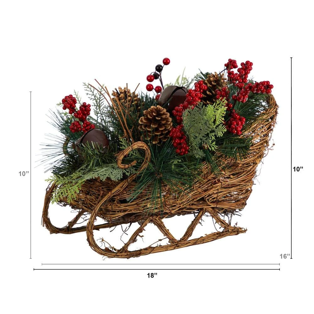 18 In. Unlit Christmas Sleigh With Pine, Pinecones And Berries Artificial Christmas Arrangement 4 18 In. Unlit Christmas Sleigh With Pine, Pinecones And Berries Artificial Christmas Arrangement - Image 2