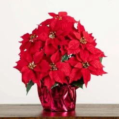 19 In. Red Lush Poinsettia Artificial Arrangement In Red Wrapped Planter -Holiday Glow Store nearly natural artificial christmas plants a2172 1f 1000