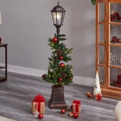 5 Ft. Pre-lit Indoor/Outdoor Artificial Christmas Decorated Lamp Post With Greenery, Ornaments, 50 LED Lights For Porch -Holiday Glow Store nearly natural artificial christmas plants d1031 76 1000