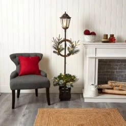 5 Ft. Pre-lit Indoor/Outdoor Artificial Christmas Decorated Lamp Post With Greenery, Decorative Container, 50 LED Lights -Holiday Glow Store nearly natural artificial christmas plants d1032 31 1000