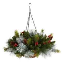 24 In. Pre-Lit Indoor/Outdoor Artificial Christmas Pre-Lit Pine And Berries Hanging Basket, 30 LED Lights