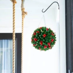 15 In. UV Resistant Artificial Red Tip Photinia Christmas Hanging Ball With Gold Berries (Indoor/Outdoor) -Holiday Glow Store nearly natural artificial christmas plants p2206 31 1000