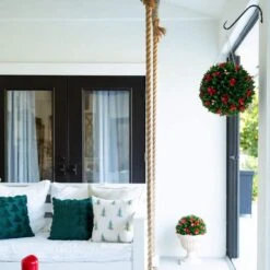 15 In. UV Resistant Artificial Red Tip Photinia Christmas Hanging Ball With Gold Berries (Indoor/Outdoor) -Holiday Glow Store nearly natural artificial christmas plants p2206 fa 1000