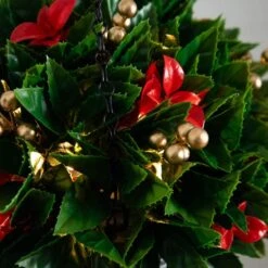 24 In. Pre-Lit UV Resistant Faux Red Tip Photinia & Gold Berries Christmas Hanging Basket With 34-Warm White LED Lights -Holiday Glow Store nearly natural artificial christmas plants p2207 1f 1000