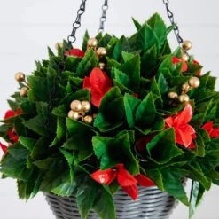 24 In. Pre-Lit UV Resistant Faux Red Tip Photinia & Gold Berries Christmas Hanging Basket With 34-Warm White LED Lights -Holiday Glow Store nearly natural artificial christmas plants p2207 44 1000