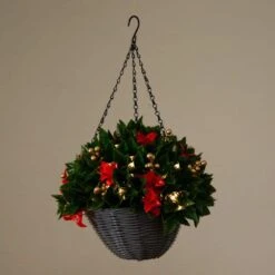 24 In. Pre-Lit UV Resistant Faux Red Tip Photinia & Gold Berries Christmas Hanging Basket With 34-Warm White LED Lights -Holiday Glow Store nearly natural artificial christmas plants p2207 4f 1000