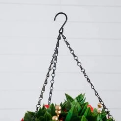 24 In. Pre-Lit UV Resistant Faux Red Tip Photinia & Gold Berries Christmas Hanging Basket With 34-Warm White LED Lights -Holiday Glow Store nearly natural artificial christmas plants p2207 76 1000