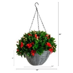 24 In. Pre-Lit UV Resistant Faux Red Tip Photinia & Gold Berries Christmas Hanging Basket With 34-Warm White LED Lights -Holiday Glow Store nearly natural artificial christmas plants p2207 c3 1000