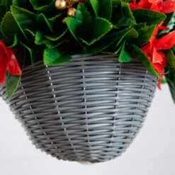 24 In. Pre-Lit UV Resistant Faux Red Tip Photinia & Gold Berries Christmas Hanging Basket With 34-Warm White LED Lights -Holiday Glow Store nearly natural artificial christmas plants p2207 fa 1000