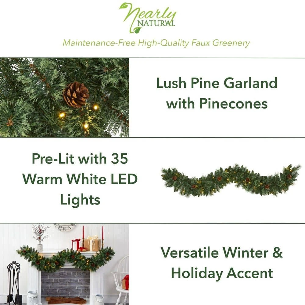 6 Ft. Battery Operated Pre-lit White Mountain Pine Artificial Garland With 35 White Warm LED Lights And Pinecones 5 6 Ft. Battery Operated Pre-lit White Mountain Pine Artificial Garland With 35 White Warm LED Lights And Pinecones - Image 3