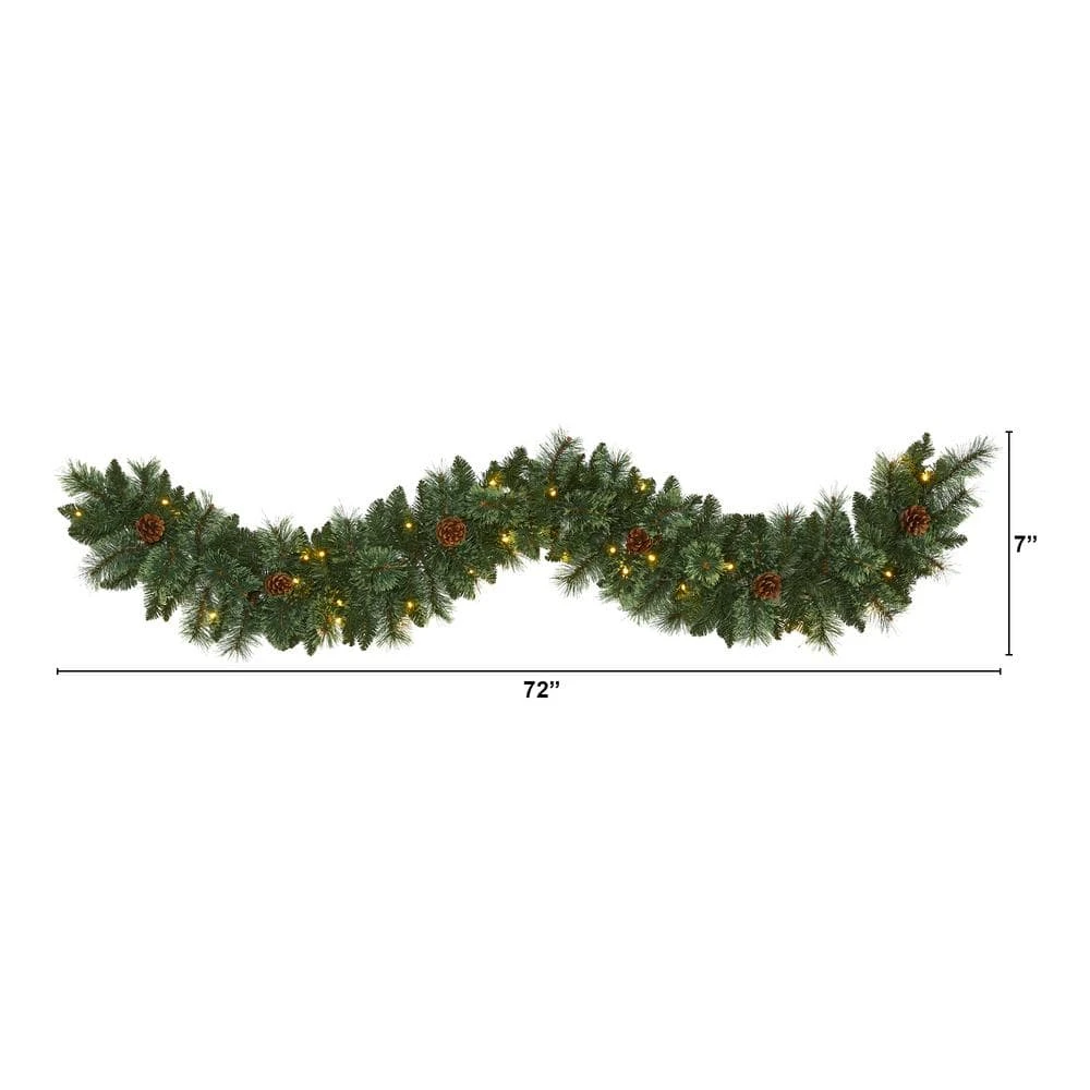 6 Ft. Battery Operated Pre-lit White Mountain Pine Artificial Garland With 35 White Warm LED Lights And Pinecones 6 6 Ft. Battery Operated Pre-lit White Mountain Pine Artificial Garland With 35 White Warm LED Lights And Pinecones - Image 4