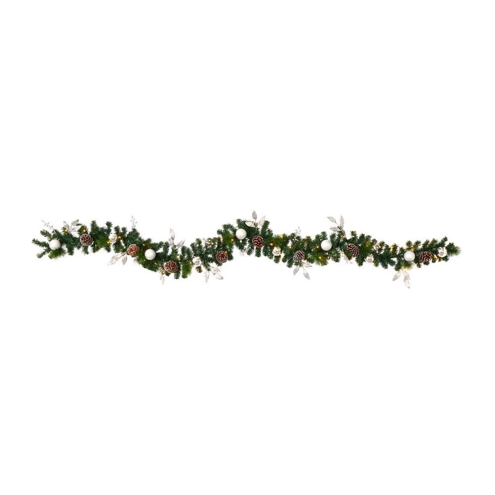 9 Ft. Battery Operated Pre-lit Ornament And Pinecone Artificial Christmas Garland With 50 Clear LED Lights 3 9 Ft. Battery Operated Pre-lit Ornament And Pinecone Artificial Christmas Garland With 50 Clear LED Lights