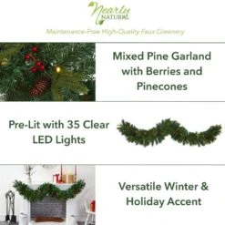 6 Ft. Battery Operated Pre-lit Mixed Pine Artificial Christmas Garland With 35 Clear LED Lights, Berries And Pinecones 11 6 Ft. Battery Operated Pre-lit Mixed Pine Artificial Christmas Garland With 35 Clear LED Lights, Berries And Pinecones -Holiday Glow Store nearly natural christmas garland w1108 40 1000