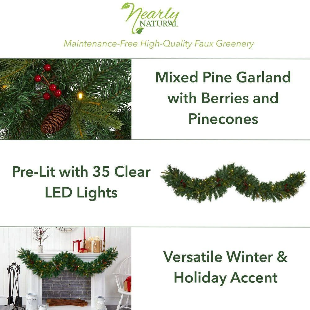 6 Ft. Battery Operated Pre-lit Mixed Pine Artificial Christmas Garland With 35 Clear LED Lights, Berries And Pinecones 5 6 Ft. Battery Operated Pre-lit Mixed Pine Artificial Christmas Garland With 35 Clear LED Lights, Berries And Pinecones - Image 3