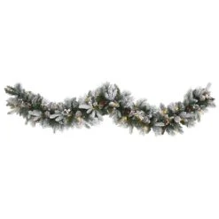 6 Ft. Battery Operated Pre-lit Flocked Mixed Pine Artificial Christmas Garland With 50 LED Lights, Pine Cones, Berries
