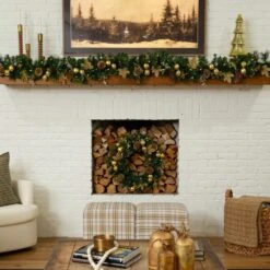 9 Ft. Pre-Lit Artificial Golden Frosted Christmas Garland With 50-Warm White LED Lights Pinecones, Berries And Ornaments -Holiday Glow Store nearly natural christmas garland w1385 fa 1000