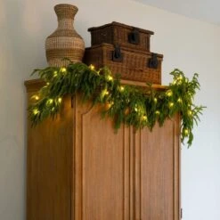 6 Ft. Pre-Lit Artificial Real Touch Norfolk Island Pine Garland With 35-Warm White LED Lights And Natural Look -Holiday Glow Store nearly natural christmas garland w1393 31 1000