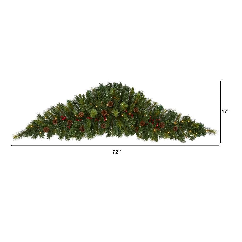 6 Ft. Battery Operated Pre-lit Artificial Christmas Swag With 50 Clear LED Lights, Berries And Pine Cones 4 6 Ft. Battery Operated Pre-lit Artificial Christmas Swag With 50 Clear LED Lights, Berries And Pine Cones - Image 2