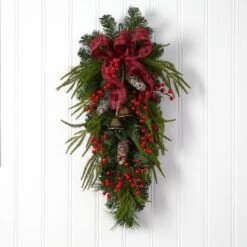24 In. Unlit Artificial Holiday Christmas Pine Cones, Berry And Bells Swag -Holiday Glow Store nearly natural christmas swag w1279 4f 1000
