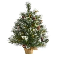 2 Ft. Battery Operated Pre-Lit Frosted Pine Artificial Christmas Tree With 35 Clear LED Lights, Pinecones, Burlap Base