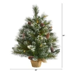 2 Ft. Battery Operated Pre-Lit Frosted Pine Artificial Christmas Tree With 35 Clear LED Lights, Pinecones, Burlap Base -Holiday Glow Store nearly natural christmas tabletop trees t1694 c3 1000