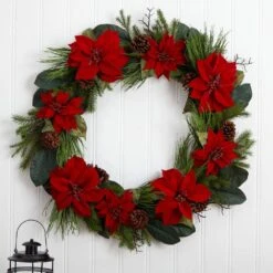 36 In. Artificial Poinsettia And Pine Wreath -Holiday Glow Store nearly natural christmas wreaths 4202 31 1000