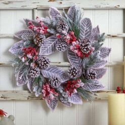 24in. Artificial Unlit Artificial Holiday Wreath With Snowy Magnolia Berry -Holiday Glow Store nearly natural christmas wreaths 4262 4f 1000
