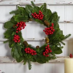 24in. Artificial Unlit Artificial Holiday Wreath With Magnolia Leaf, Berry And Pine -Holiday Glow Store nearly natural christmas wreaths 4264 1f 1000