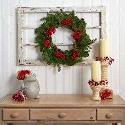 24in. Artificial Unlit Artificial Holiday Wreath With Magnolia Leaf, Berry And Pine -Holiday Glow Store nearly natural christmas wreaths 4264 4f 1000