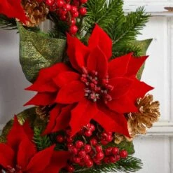 24in. Artificial Unlit Artificial Holiday Wreath With Poinsettia, Berry And Golden Pine Cone -Holiday Glow Store nearly natural christmas wreaths 4269 1f 1000